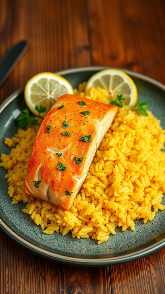 Savory Salmon with Yellow Rice Recipe Salmon fillet on yellow rice garnished with parsley and lemon wedges.